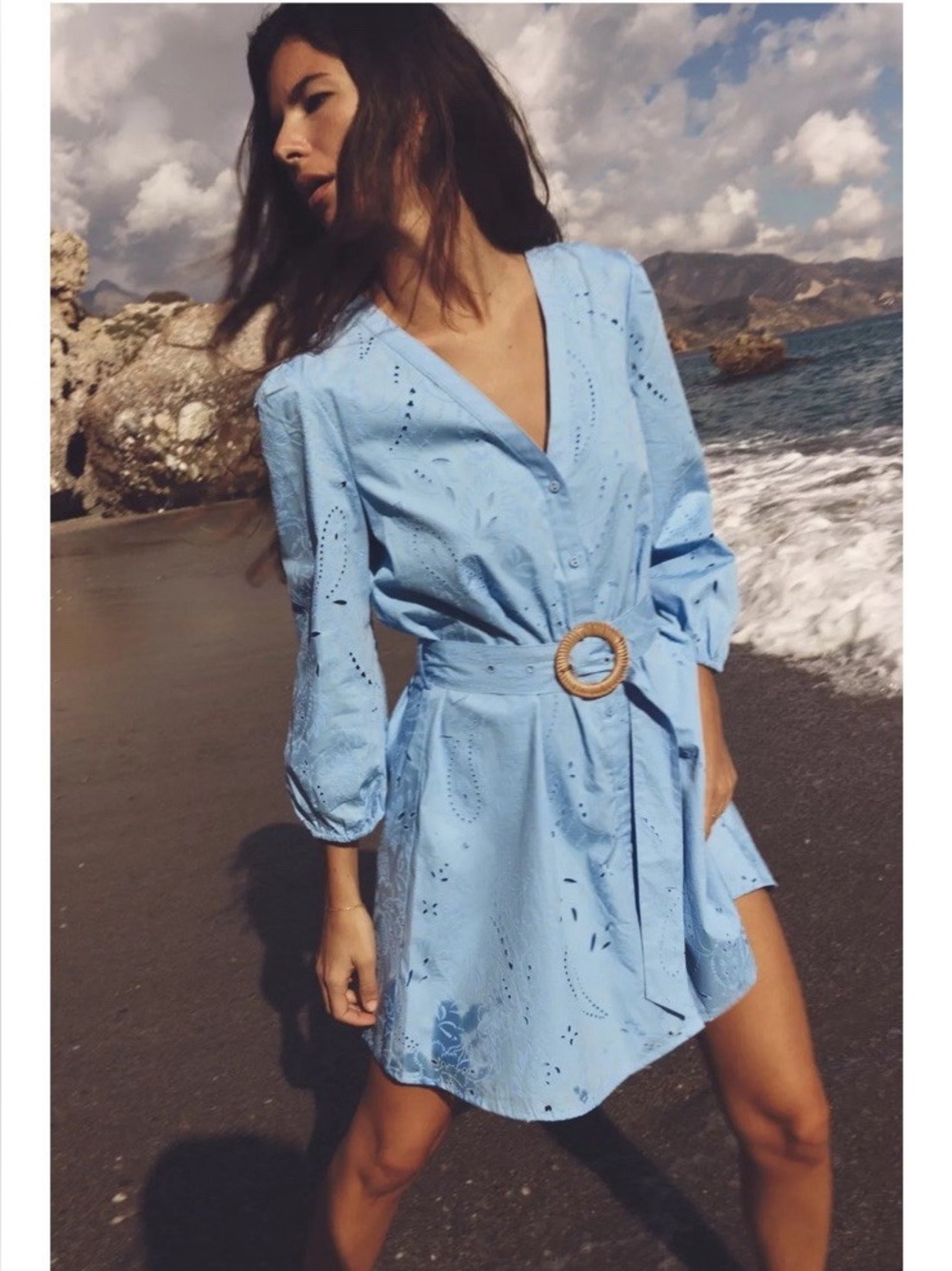 Zara Sky Blue Eyelet Belted Mini Dress - Size Small